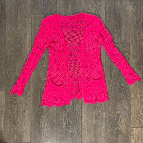 Women's Pink Crochet Knit Cardigan Sweater Pink Open front Boho Chic - Picture 7 of 10